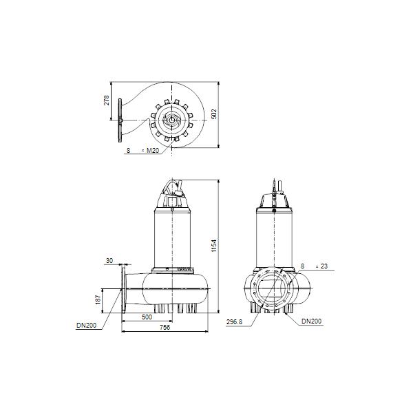 Погружной канализационный насос Grundfos SE1.110.200.110.4.52M.C.Q.EX.51D артикул 99412011 – габаритный чертеж