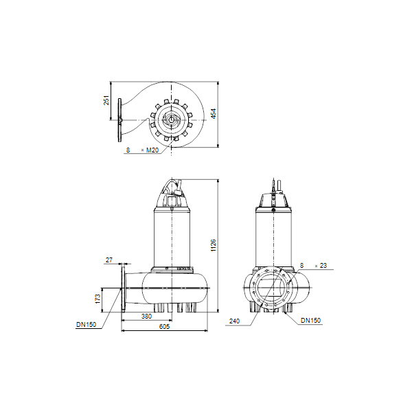 Погружной канализационный насос Grundfos SE1.85.150.150.4.52H.C.EX.51D артикул 98174856 – габаритный чертеж