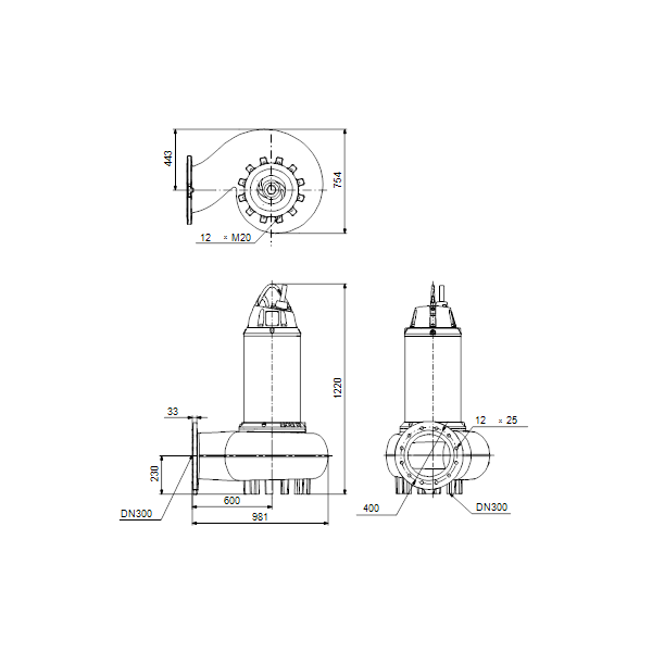 Погружной канализационный насос Grundfos SE2.125.300.180.6.52E.C.Q.N.51D артикул 99412107 – габаритный чертеж