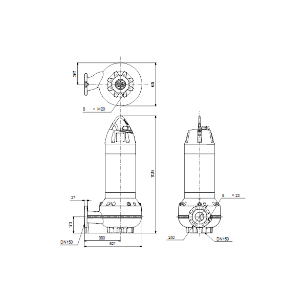 Погружной канализационный насос Grundfos SL1.95.150.220.4.52H.S.Q.N.51D артикул 99363196 – габаритный чертеж
