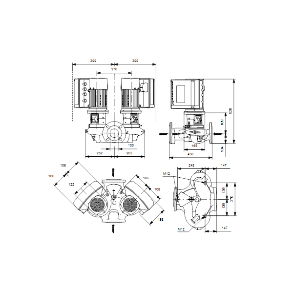 Одноступенчатый вертикальный центробежный насос «ин-лайн» Grundfos TPE2 D 100-150-N A-F-A-BQQE артикул 98437791 – габаритный чертеж