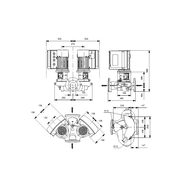 Одноступенчатый вертикальный центробежный насос «ин-лайн» Grundfos TPE2 D 100-40-N A-F-A-BQBE артикул 99223867 – габаритный чертеж