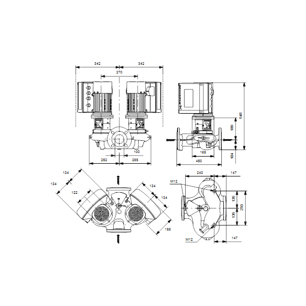 Одноступенчатый вертикальный центробежный насос «ин-лайн» Grundfos TPE2 D 100-40-N A-F-A-BQQE артикул 98437676 – габаритный чертеж