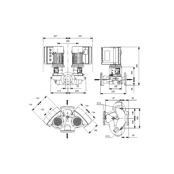 Одноступенчатый вертикальный центробежный насос «ин-лайн» Grundfos TPE2 D 32-180-N A-F-A-BQQE артикул 98438128 – габаритный чертеж