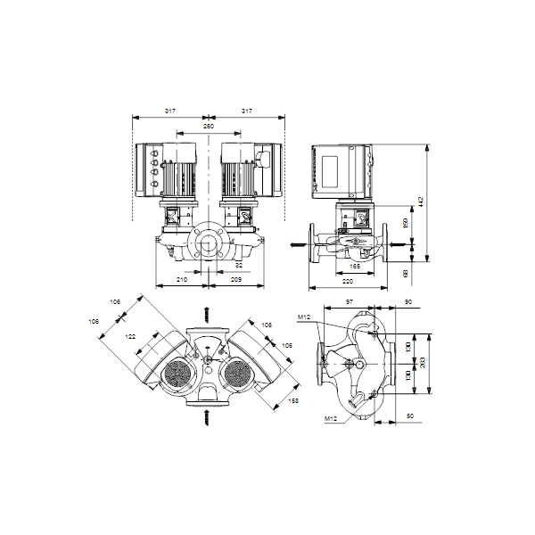 Одноступенчатый вертикальный центробежный насос «ин-лайн» Grundfos TPE2 D 32-180-N A-F-A-BQQE артикул 98438558 – габаритный чертеж