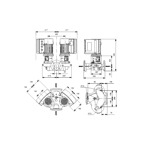 Одноступенчатый вертикальный центробежный насос «ин-лайн» Grundfos TPE2 D 40-120-N A-F-A-BQBE артикул 99223359 – габаритный чертеж