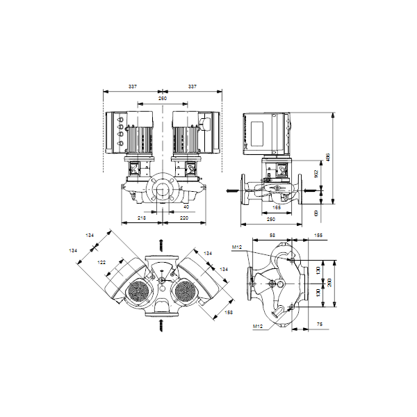 Одноступенчатый вертикальный центробежный насос «ин-лайн» Grundfos TPE2 D 40-120-N A-F-A-BQBE артикул 99224028 – габаритный чертеж