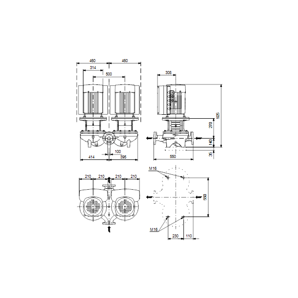Одноступенчатый вертикальный центробежный насос «ин-лайн» Grundfos TPED 100-360/2 A-F-A-BAQE артикул 96110333 – габаритный чертеж