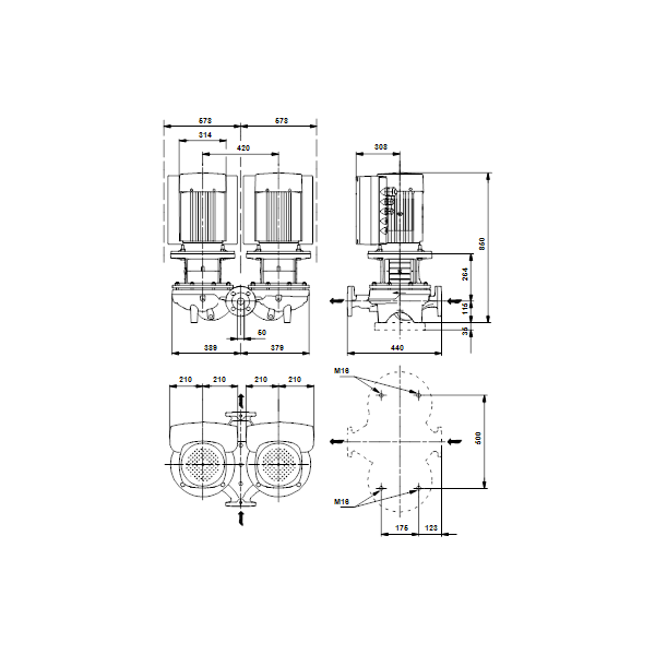 Одноступенчатый вертикальный центробежный насос «ин-лайн» Grundfos TPED 50-710/2 A-F-A-BQQE артикул 96096500 – габаритный чертеж