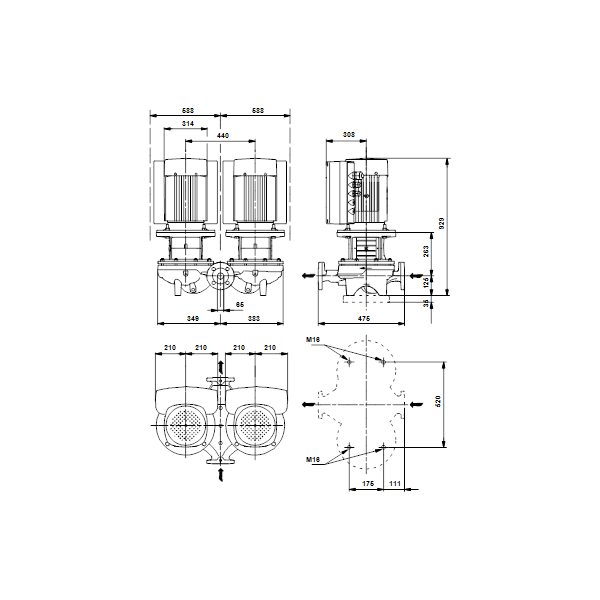 Одноступенчатый вертикальный центробежный насос «ин-лайн» Grundfos TPED 65-720/2 A-F-A-BAQE артикул 96096643 – габаритный чертеж