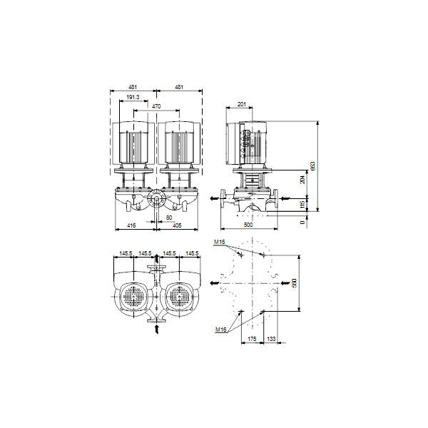 Одноступенчатый вертикальный центробежный насос «ин-лайн» Grundfos TPED 80-170/4 A-F-A-BAQE артикул 99114551 – габаритный чертеж