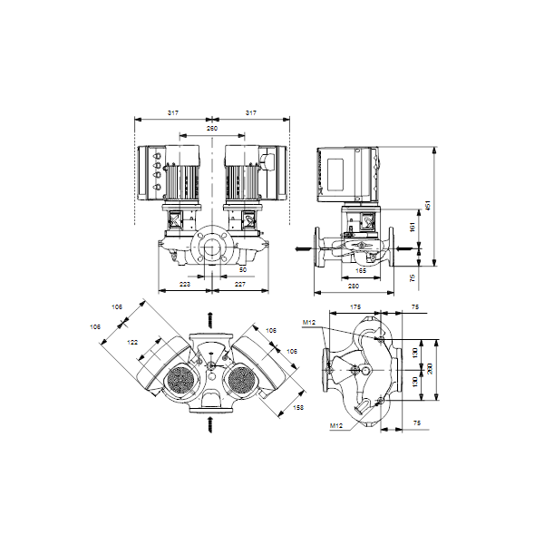 Одноступенчатый вертикальный центробежный насос «ин-лайн» Grundfos TPE3 D 50-150-S A-F-A-BQBE артикул 99272664 – габаритный чертеж