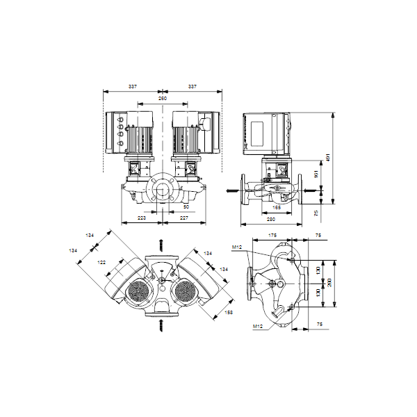 Одноступенчатый вертикальный центробежный насос «ин-лайн» Grundfos TPE3 D 50-60-S A-F-A-BQBE артикул 99272803 – габаритный чертеж