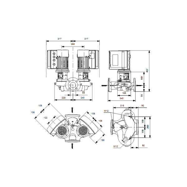 Одноступенчатый вертикальный центробежный насос «ин-лайн» Grundfos TPE3 D 65-120-S A-F-A-BQBE артикул 99272669 – габаритный чертеж