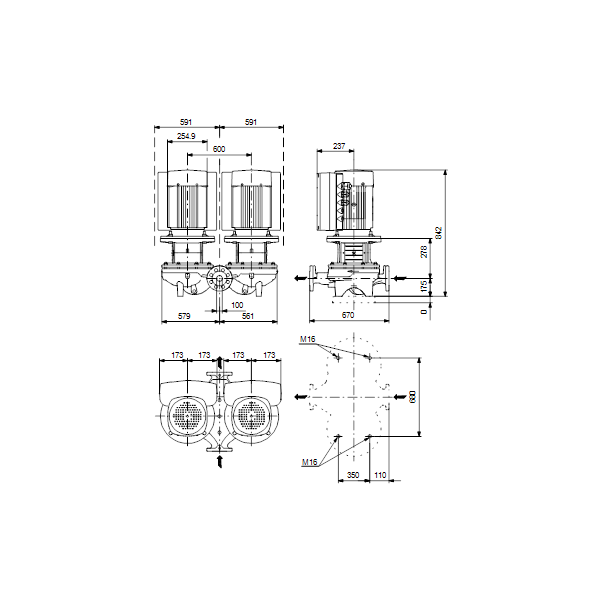 Одноступенчатый вертикальный центробежный насос «ин-лайн» Grundfos TPED 100-200/4-S A-F-A-BAQE артикул 99067524 – габаритный чертеж