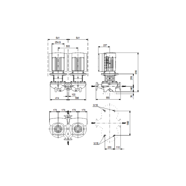 Одноступенчатый вертикальный центробежный насос «ин-лайн» Grundfos TPED 100-250/2-S A-F-A-BQQE артикул 99132849 – габаритный чертеж