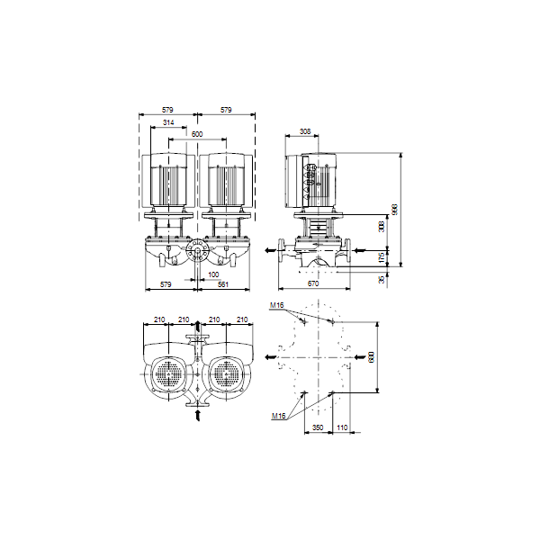 Одноступенчатый вертикальный центробежный насос «ин-лайн» Grundfos TPED 100-330/4-S A-F-A-BAQE артикул 96945814 – габаритный чертеж