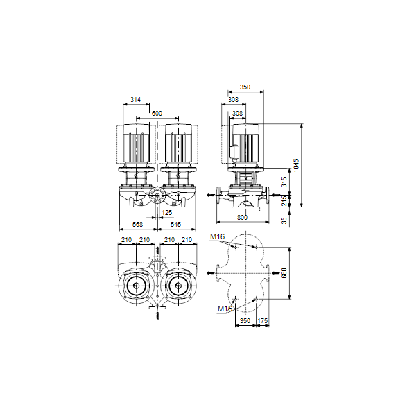 Одноступенчатый вертикальный центробежный насос «ин-лайн» Grundfos TPED 125-230/4-S A-F-A-BAQE артикул 98743723 – габаритный чертеж