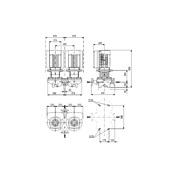 Одноступенчатый вертикальный центробежный насос «ин-лайн» Grundfos TPED 50-710/2-S A-F-A-BQQE артикул 96945769 – габаритный чертеж