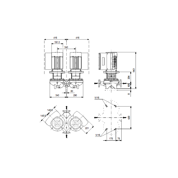 Одноступенчатый вертикальный центробежный насос «ин-лайн» Grundfos TPED 80-210/2-S A-F-A-BAQE артикул 99114730 – габаритный чертеж