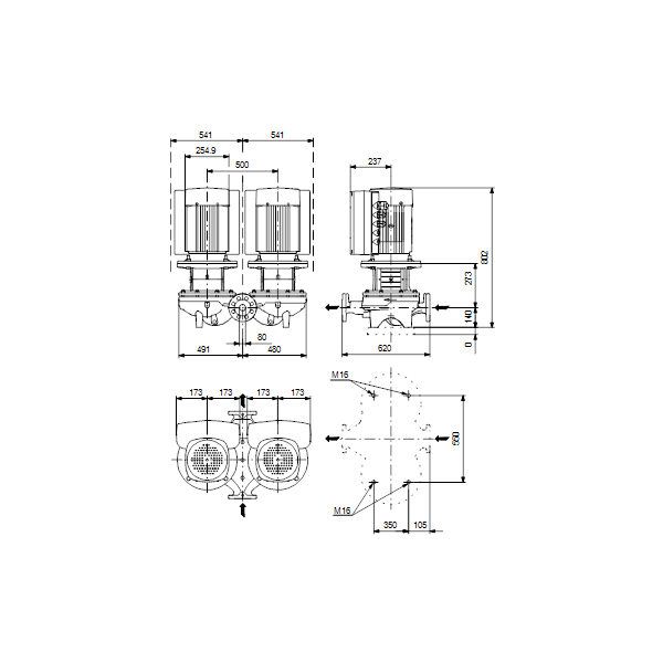 Одноступенчатый вертикальный центробежный насос «ин-лайн» Grundfos TPED 80-270/4-S A-F-A-BAQE артикул 99114745 – габаритный чертеж
