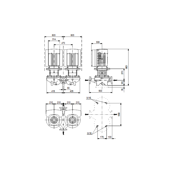 Одноступенчатый вертикальный центробежный насос «ин-лайн» Grundfos TPED 80-520/2-S A-F-A-BAQE артикул 96945783 – габаритный чертеж
