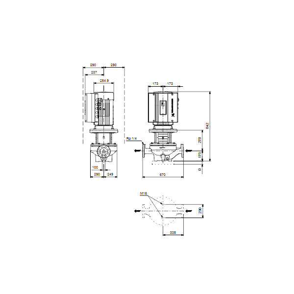 Одноступенчатый вертикальный центробежный насос «ин-лайн» Grundfos TPE 100-200/4 A-F-A-BAQE артикул 99113691 – габаритный чертеж