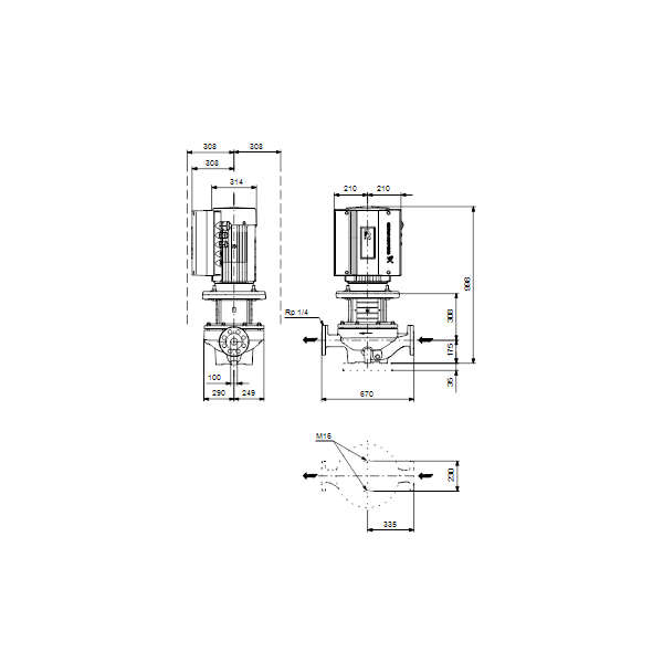 Одноступенчатый вертикальный центробежный насос «ин-лайн» Grundfos TPE 100-250/4 A-F-A-BQQE артикул 96110403 – габаритный чертеж
