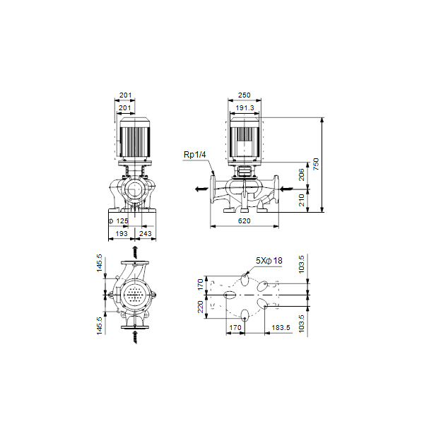 Одноступенчатый вертикальный центробежный насос «ин-лайн» Grundfos TPE 125-80/4 A-F-A-BQQE артикул 99113654 – габаритный чертеж