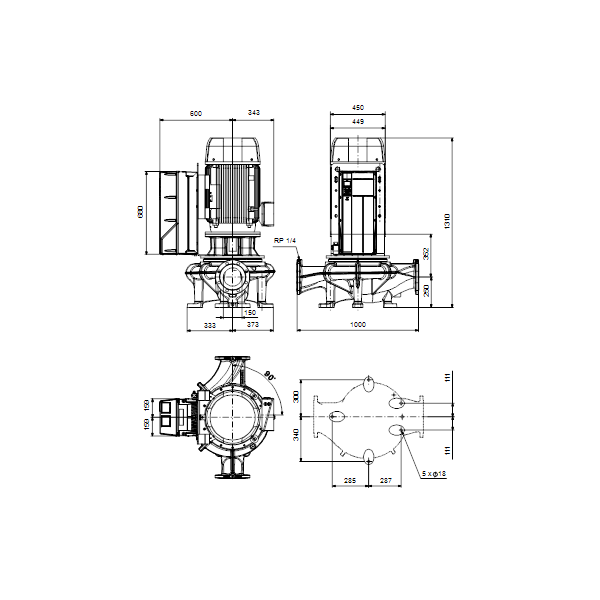Одноступенчатый вертикальный центробежный насос «ин-лайн» Grundfos TPE 150-450/4-NC A-F-A-BQQE артикул 99473950 – габаритный чертеж