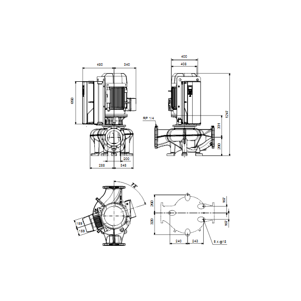 Одноступенчатый вертикальный центробежный насос «ин-лайн» Grundfos TPE 200-240/4-NC A-F-A-BQQE артикул 99473953 – габаритный чертеж