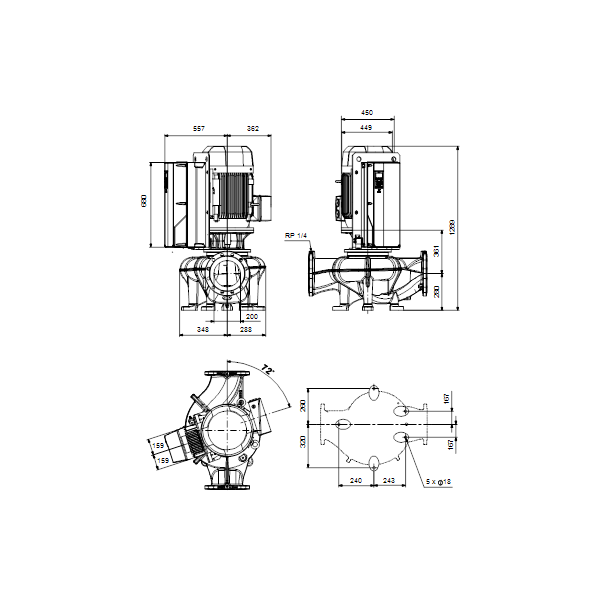 Одноступенчатый вертикальный центробежный насос «ин-лайн» Grundfos TPE 200-290/4-NC A3-F-O-DAQF артикул 99473977 – габаритный чертеж