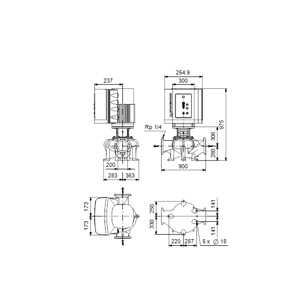 Одноступенчатый вертикальный центробежный насос «ин-лайн» Grundfos TPE 200-90/4 A-F-A-BAQE артикул 99113652 – габаритный чертеж