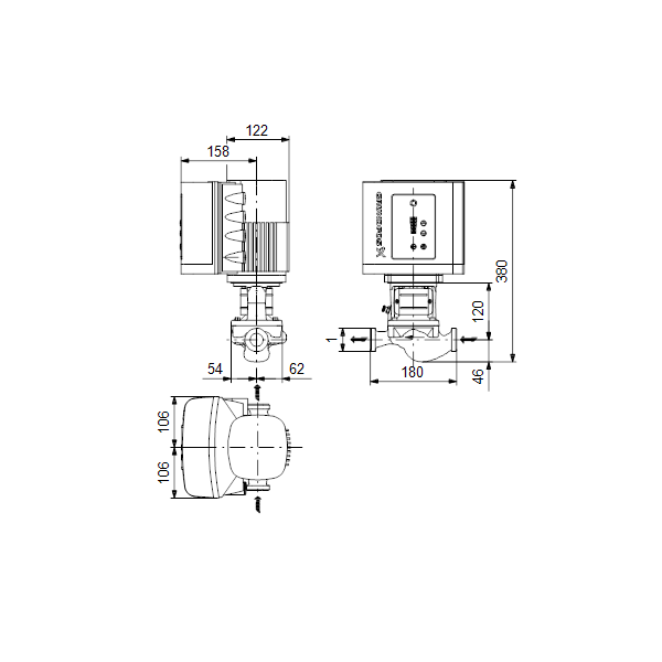 Одноступенчатый вертикальный центробежный насос «ин-лайн» Grundfos TPE 25-80/2 A-O-A-BQBE артикул 99221961 – габаритный чертеж