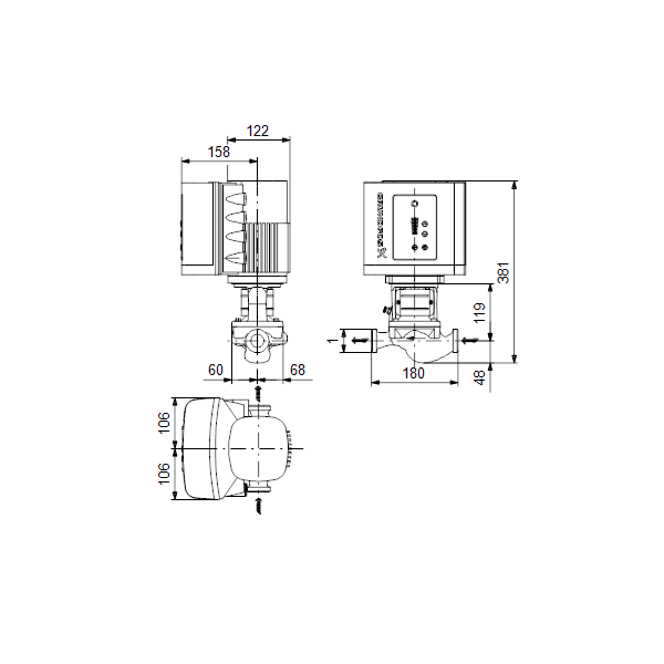 Одноступенчатый вертикальный центробежный насос «ин-лайн» Grundfos TPE 25-90/2 A-O-A-BQQE артикул 98076621 – габаритный чертеж