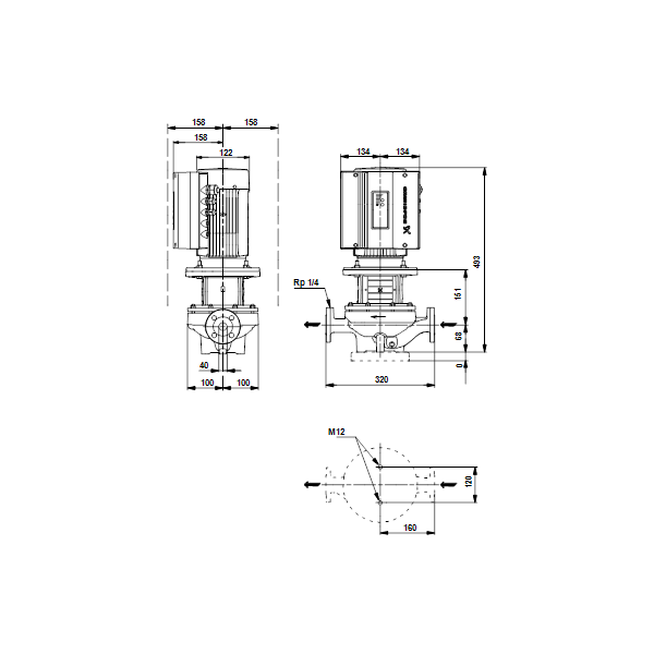 Одноступенчатый вертикальный центробежный насос «ин-лайн» Grundfos TPE 40-270/2 A-F-A-BQBE артикул 99222385 – габаритный чертеж