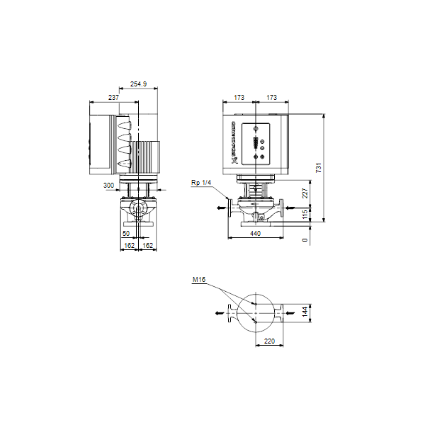 Одноступенчатый вертикальный центробежный насос «ин-лайн» Grundfos TPE 50-420/2 A-F-A-BAQE артикул 99113894 – габаритный чертеж