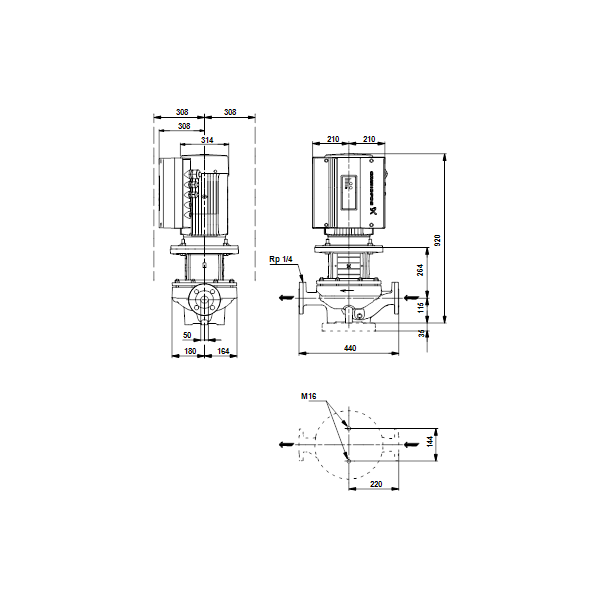 Одноступенчатый вертикальный центробежный насос «ин-лайн» Grundfos TPE 50-900/2 A-F-A-BAQE артикул 96096422 – габаритный чертеж
