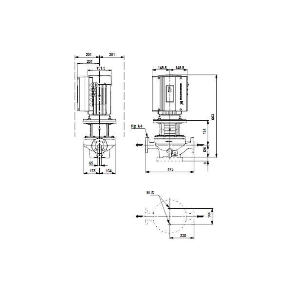 Одноступенчатый вертикальный центробежный насос «ин-лайн» Grundfos TPE 65-240/4 A-F-A-BQQE артикул 99113696 – габаритный чертеж