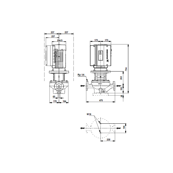 Одноступенчатый вертикальный центробежный насос «ин-лайн» Grundfos TPE 65-460/2 A-F-A-BAQE артикул 99113913 – габаритный чертеж