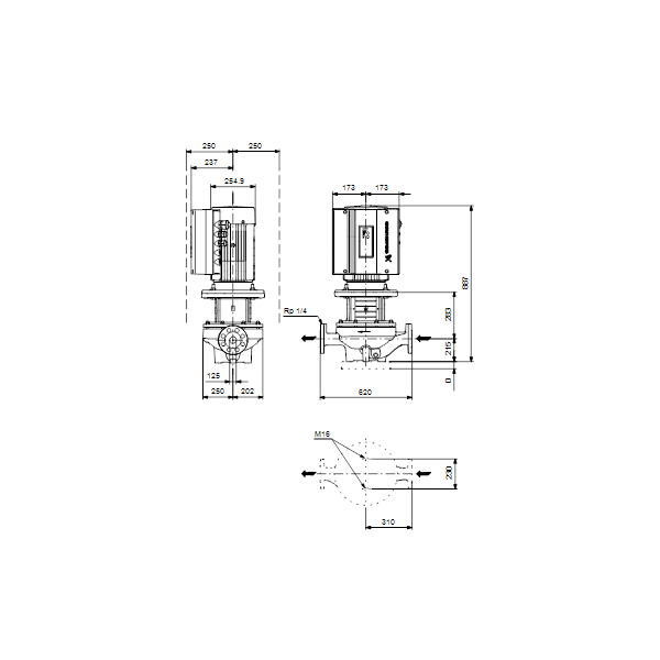 Одноступенчатый вертикальный центробежный насос «ин-лайн» Grundfos TPE 125-130/4-S A-F-A-BAQE артикул 99114647 – габаритный чертеж