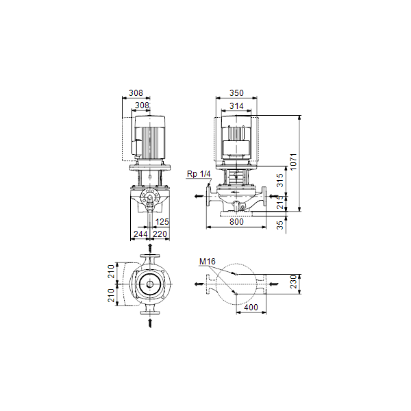 Одноступенчатый вертикальный центробежный насос «ин-лайн» Grundfos TPE 125-300/4-S A-F-A-BQQE артикул 98742614 – габаритный чертеж