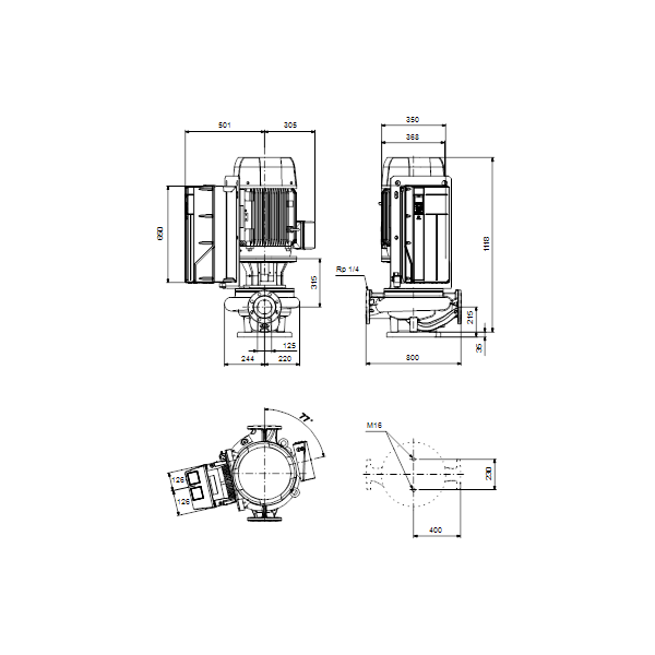 Одноступенчатый вертикальный центробежный насос «ин-лайн» Grundfos TPE 125-340/4-SC A-F-A-BAQE артикул 99474551 – габаритный чертеж
