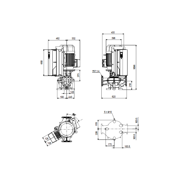 Одноступенчатый вертикальный центробежный насос «ин-лайн» Grundfos TPE 125-360/2-SC A-F-A-BQQE артикул 99474587 – габаритный чертеж