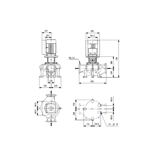 Одноступенчатый вертикальный центробежный насос «ин-лайн» Grundfos TPE 125-60/4-S A-F-A-BAQE артикул 99047342 – габаритный чертеж