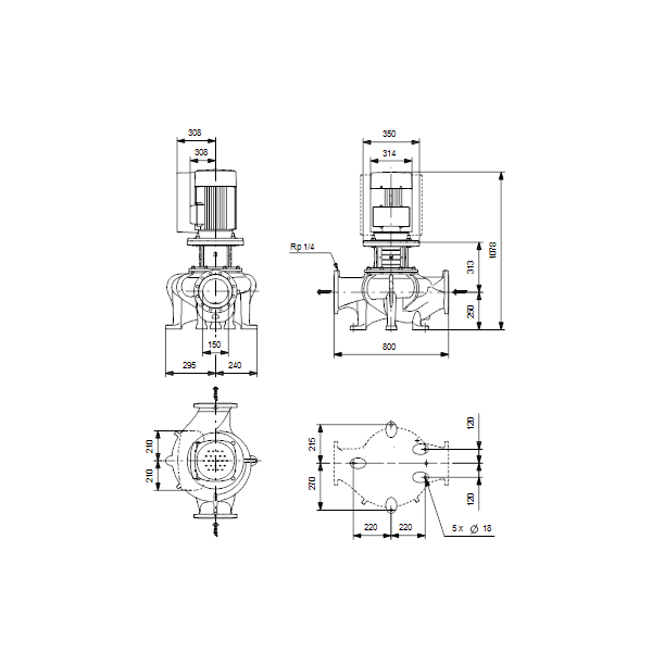 Одноступенчатый вертикальный центробежный насос «ин-лайн» Grundfos TPE 150-155/4-S A-F-A-BQQE артикул 98908279 – габаритный чертеж