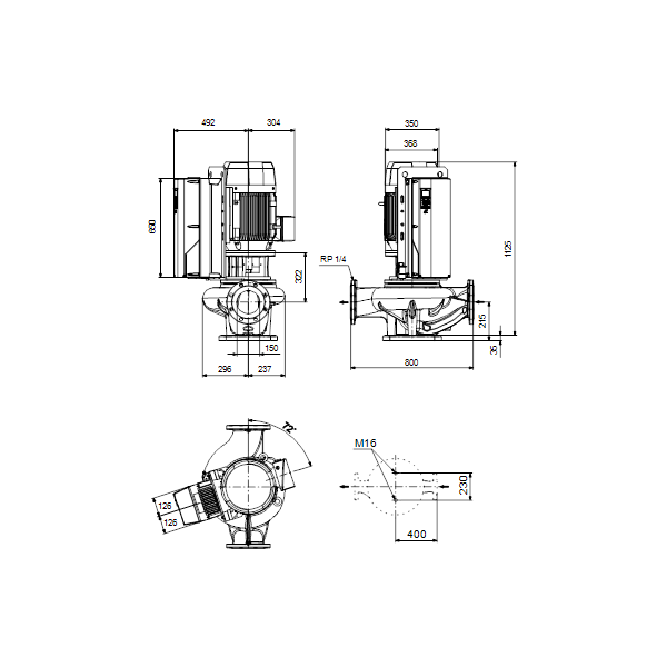 Одноступенчатый вертикальный центробежный насос «ин-лайн» Grundfos TPE 150-250/4-SC A-F-A-BAQE артикул 99474582 – габаритный чертеж