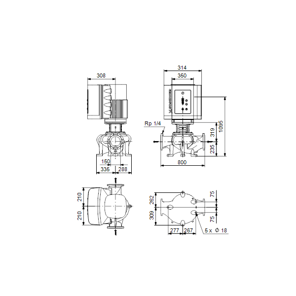 Одноступенчатый вертикальный центробежный насос «ин-лайн» Grundfos TPE 150-260/4-S A-F-A-BAQE артикул 96306143 – габаритный чертеж