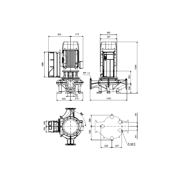 Одноступенчатый вертикальный центробежный насос «ин-лайн» Grundfos TPE 150-520/4-SC A-F-A-BQQE артикул 99474595 – габаритный чертеж