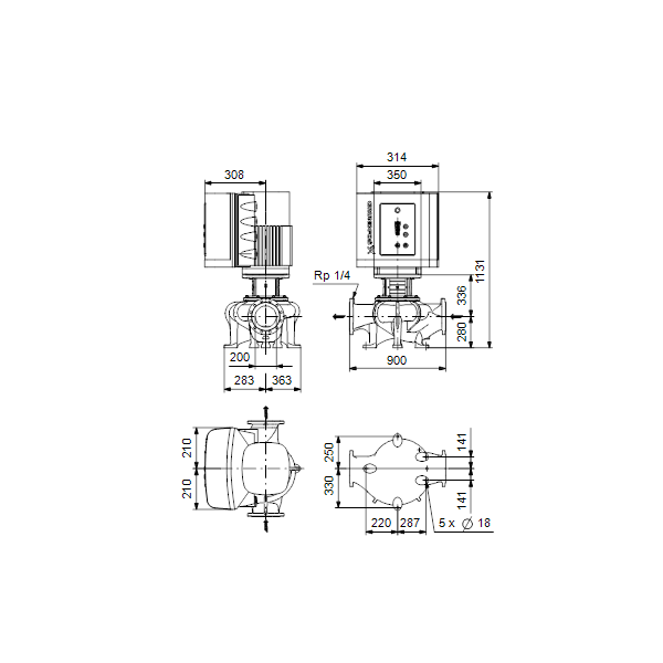 Одноступенчатый вертикальный центробежный насос «ин-лайн» Grundfos TPE 200-130/4-S A-F-A-BQQE артикул 97927581 – габаритный чертеж